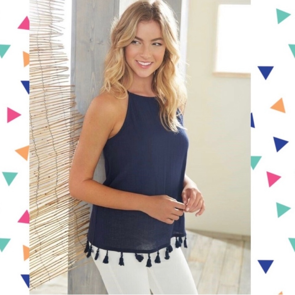 Crown & Ivy Navy Blue Top Sz XS fringe hemline EUC